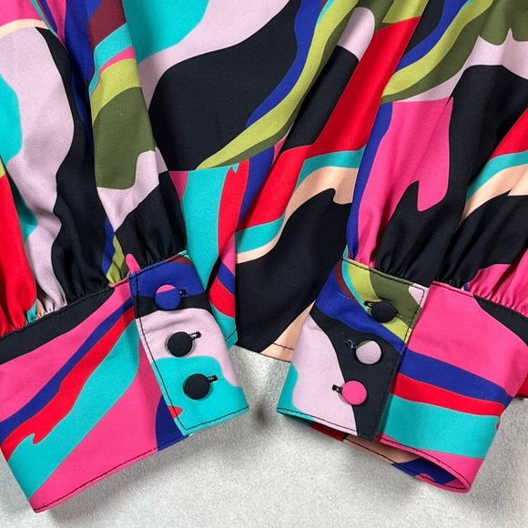 Crosby by Mollie Burch Women's Multicolor Blouse Sz S Ruffle Colorful Abstract - Picture 5 of 8